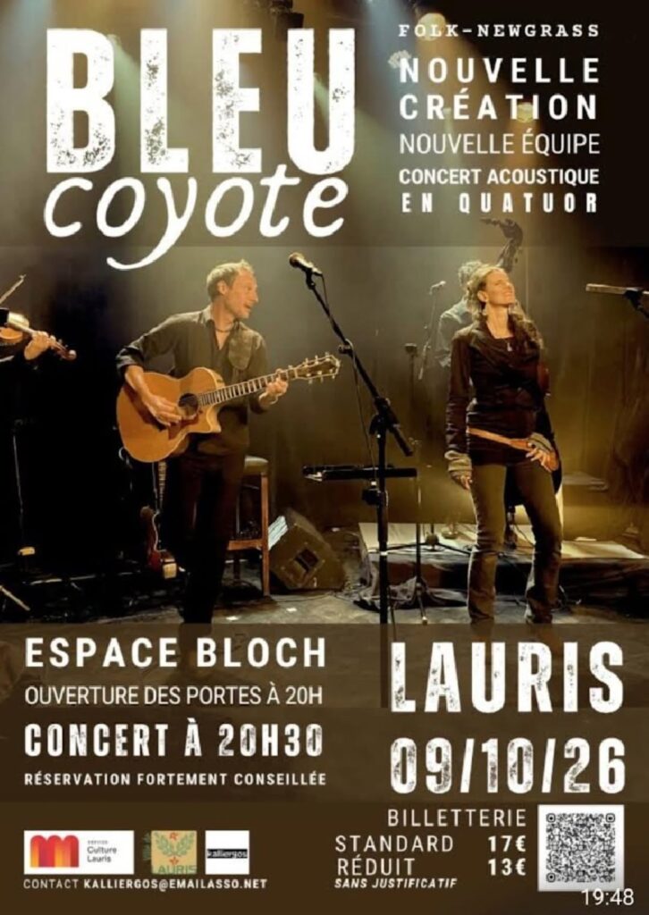 BLEU COYOTE EN CONCERT À LAURIS – Vendredi 9 octobre 2026 à 20h30 – Espace Bloch