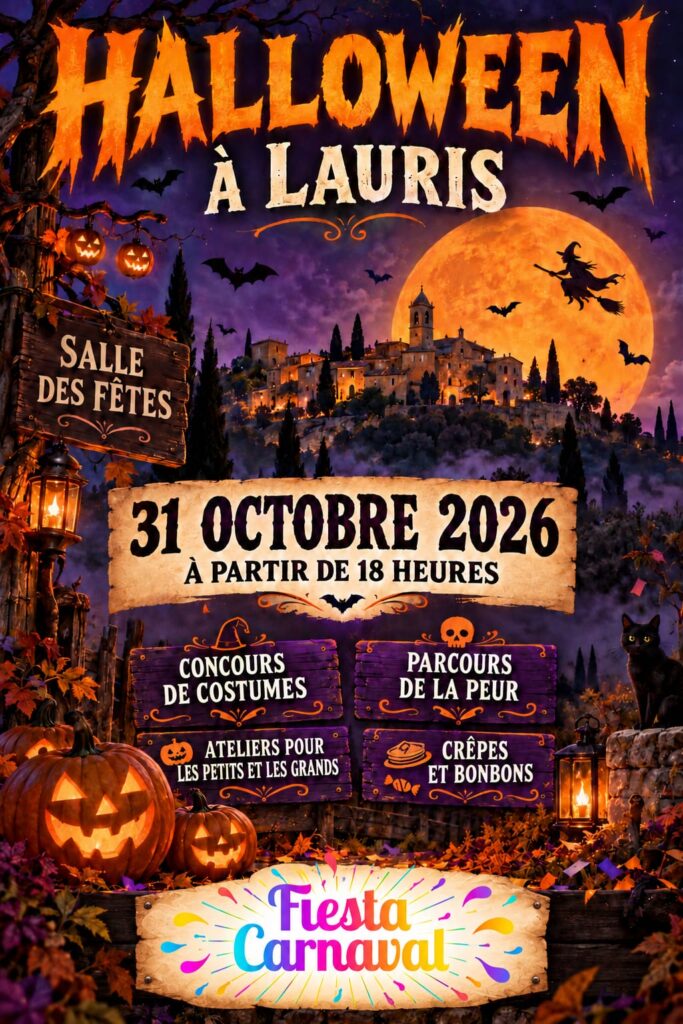Halloween à Lauris – Fiesta Carnaval vous invite à une soirée Halloween le samedi 31 octobre 2026 à partir de 18 heures à la Salle des Fêtes du Foyer Rural.